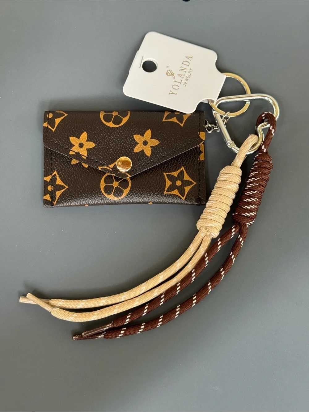 Yolanda Jewelry Brown Pattern Mini Card Holder Keychain Bag Charm NWT